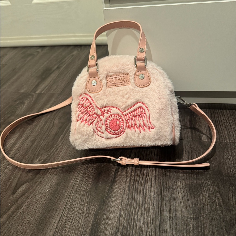 RARE 💗 Von Dutch Pink Faux Fur Bowling Bag Y2K Crossbody Handbag With Dust Ba